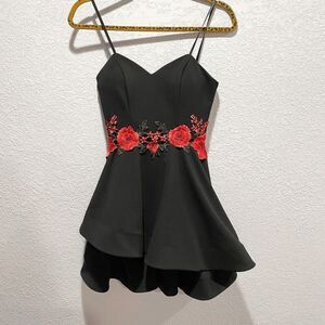 B Darlin Embroidered Dress Size 4 Black Red Floral Spaghetti Strap Ruffle